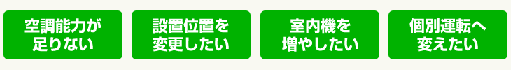 空調能力が足りない、設置位置を変更したい、室内機を増やしたい、個別運転へ変えたい等の不満を改善します