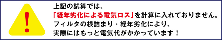 「経年劣化による電気ロス」を計算に入れておりません。フィルタの根詰まりや経年劣化により、実際にはもっと電気代が掛かっています！