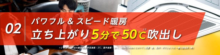 パワフル＆スピード暖房。立ち上がり5 分で50℃吹出し